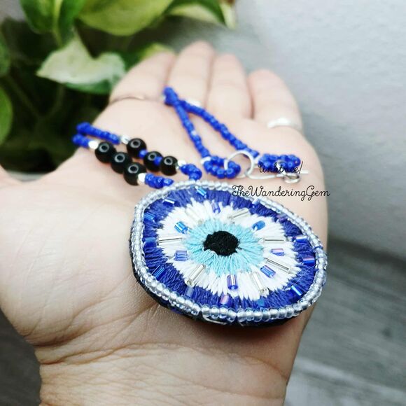Hand Embroidered Evil Eye Beaded Choker Necklace, 15" - Picture 7 of 7